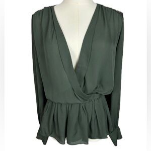 Parker 100% Silk Green Long Sleeve Sheer Blouse w/ Studded Leather Detail Size S